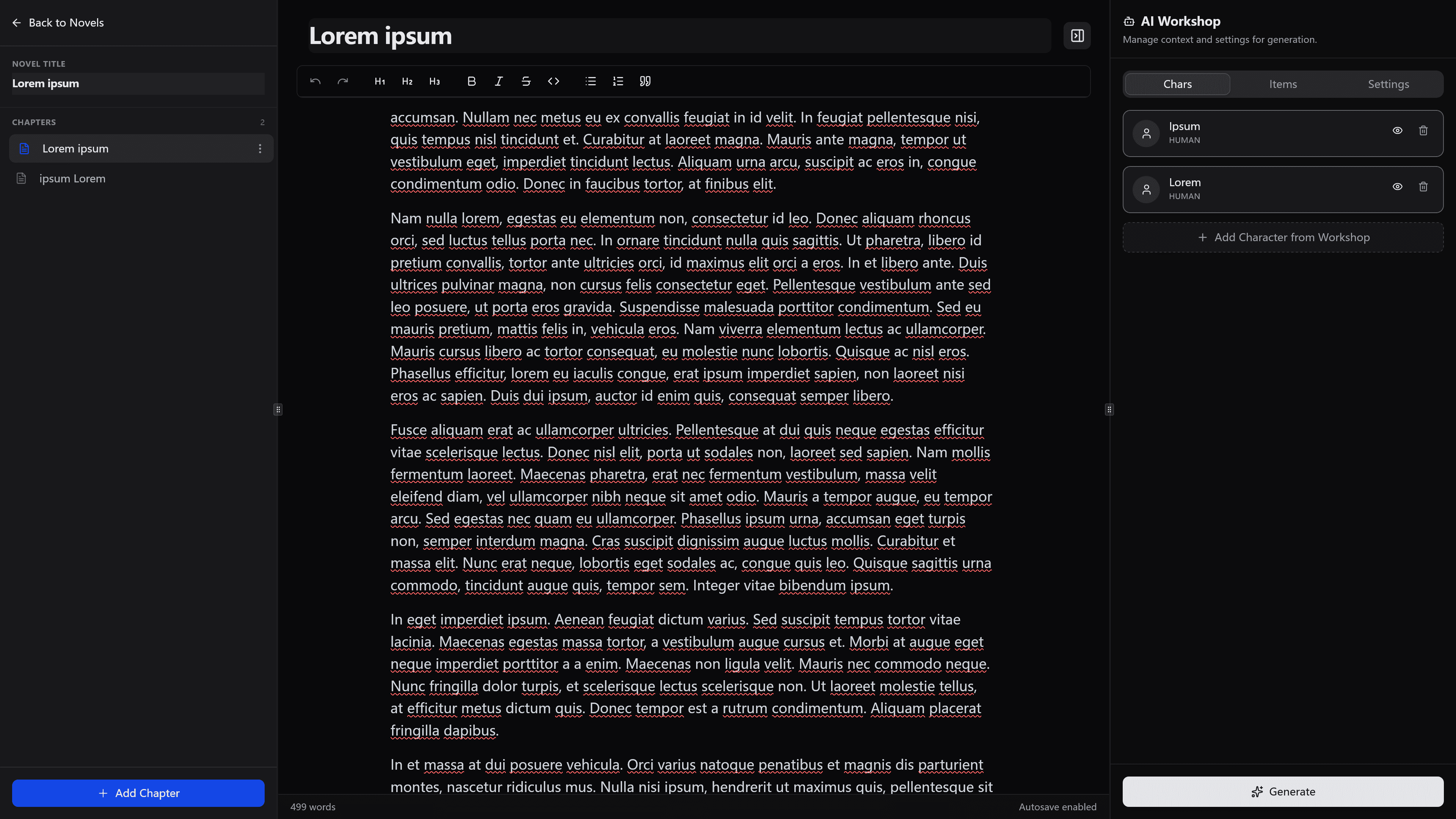 GHAI Novel Editor Interface - Desktop View